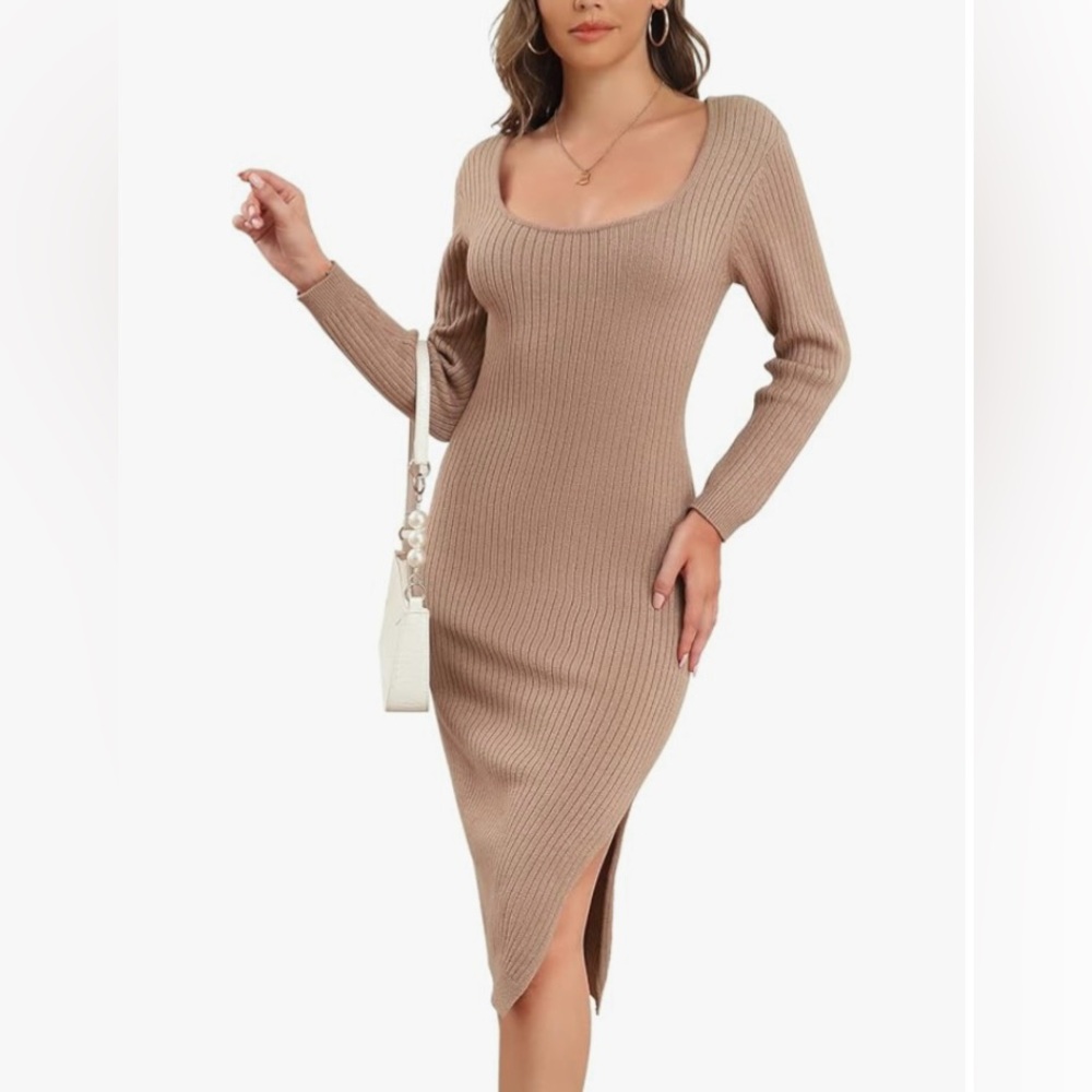 Elegant Tan Ribbed Knit Dress